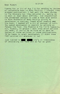 Correspondence from Lou Sullivan to Rupert Raj (September 17, 1984)