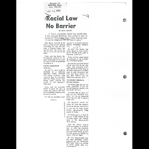 Photocopy of Boston Traveler article, Racial law no barrier