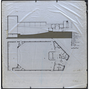 Architectural drawing with vestibule, ticket booth, lobby, refreshment, projection booth, auditorium, stage, lounge, office, electric room, restroom, and powder room areas