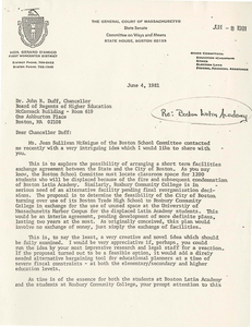 Letters to and from various elected officials regarding facilities and transportation for Boston Latin Academy students, 1981 June-September
