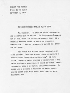 Senator Paul Tsongas' speech to the Senate: The Conservation Financing Act of 1979