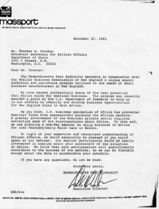 Letter to Mr. Chester A. Crocker from David W. Davis requesting that Mr. Crocker speak at a seminar on doing business with Africa
