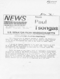 Tsongas Statement on Aquino Assassination