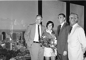 Unidentified man, Runner Joan Benoit, Mayor Raymond L. Flynn, unidentified man