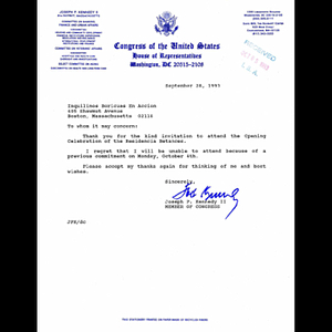 Letter to Inquilinos Boricuas En Accion from Congressman Joseph P. Kennedy.