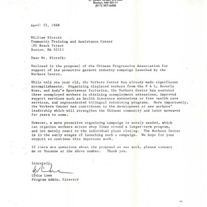 Grant proposal correspondence to the Community Training and Assistance Center requesting a small grant for its Workers' Center