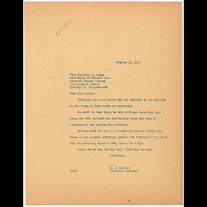 Reply from Otto Phillip Snowden of Freedom House to Carmella O. Lemon of the Memorial Branch Library regarding boys' club