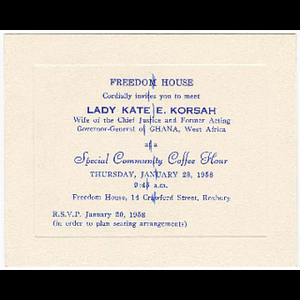 Invitation for Freedom House Coffee Hour event with Lady Kate E. Korsah, wife of the Chief Justice and former Acting Governor-General of Ghana, West Africa
