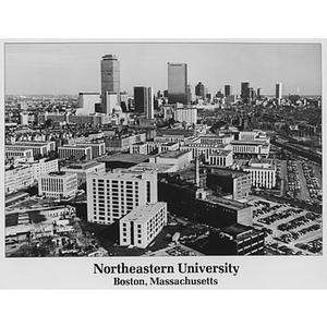 Aerial view of Northeastern's main campus and downtown Boston