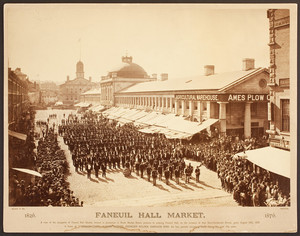View of Faneuil Hall Market occupants before their procession to Faneuil Hall on the occasion of their Semi-Centennial Dinner, South Market Street
