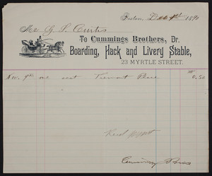 Billhead for Cummings Brothers, Dr., boarding, hack and livery stable, 23 Myrtle Street, Boston, Mass., dated December 1, 1890