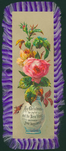 Christmas card, showing a rose in a vase, undated