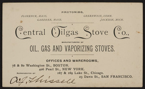Trade card for Central Oilgas Stove Co., oil, gas and vaporizing stoves, 78 & 80 Washington St., Boston, Mass., undated