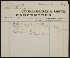 Billhead for McLaughlin & Logue, carpenters, 75 West Dedham Street, Boston, Mass, dated June, 1876