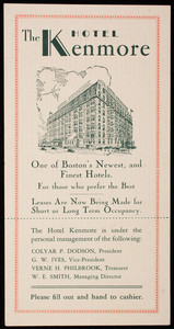 Trade card for the Hotel Kenmore, 496 Commonwealth Avenue, Boston, Mass.