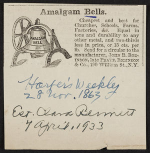 Advertisement for Amalgam Bells, John B. Robinson, late Pratt, Robinson & Co., 190 William Street, New York, New York, dated 28 November, 1863