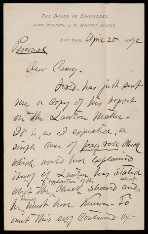 Henry L. Abbot to Thomas Lincoln Casey, April 25, 1892