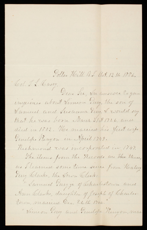 Charin L. Potter to Thomas Lincoln Casey, October 12, 1886
