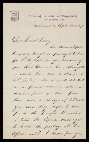 [William] J. Warren to Thomas Lincoln Casey, September 2, 1890