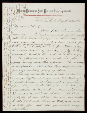 Bernard R. Green to Thomas Lincoln Casey, August 25, 1883