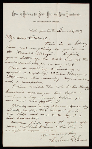 Bernard R. Green to Thomas Lincoln Casey, December 26, 1887