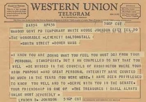 Telegram from Lyndon Johnson to Leverett Saltonstall, 30 December 1965