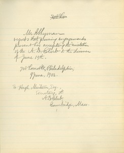 Letter from Benjamin Smith Lyman to the A. D. Club