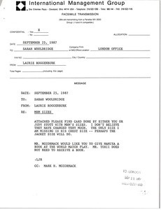 Fax from Laurie Roggenburk to Sarah Wooldridge