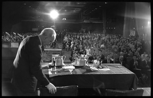 View from the back of the stage of the audience and Hans J. Morgenthau taking his seat after speaking at the National Teach-in on the Vietnam War
