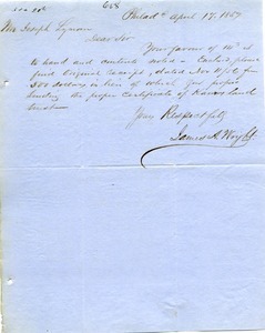 Letter from Samuel A. Wright to Joseph Lyman