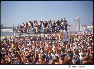 MUSE concert and rally: photographers on scaffolding amidst crowd of demonstrators