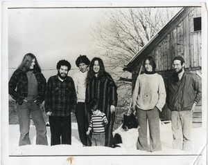 Group of communards outside the barn at Packer Corners (r. to l.): unidentified woman, Richard Wizansky, Peter Gould, Ellen Gould (son Eli in front), Joan Marr, Marty Jezer