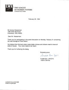 Letter from the League of Women Voters Cannon Falls Area to Harvey Wasserman