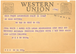 Telegram from W. E. B. Du Bois to Hugh H. Smythe