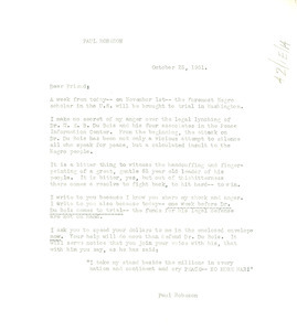 Circular letter from Paul Robeson