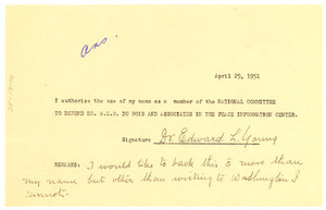 Form letter from Edward L. Young to National Committee to Defend Dr. W. E. B. Du Bois and Associates in the Peace Information Center