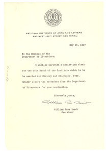 Letter from National Institute of Arts and Letters to W. E. B. Du Bois