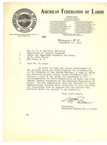Letter from American Federation of Labor to W. E. B. Du Bois