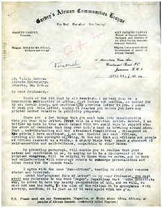 Letter from Amy Jacques Garvey to W. E. B. Du Bois