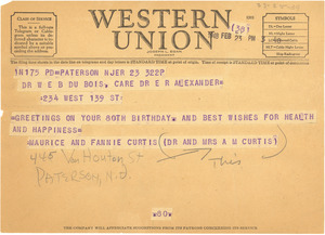 Telegram from Maurice and Fannie Curtis to W. E. B. Du Bois