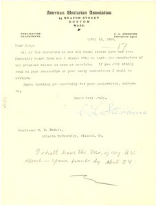 Letter from the American Unitarian Association to W. E. B. Du Bois
