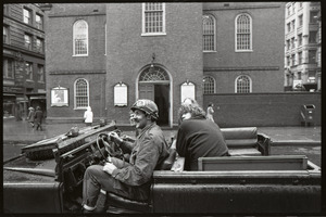 Vietnam Veterans Against the War demonstration 'Search and destroy': veterans driving a jeep down Washington Street past Old South Meeting House