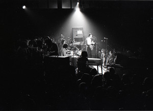 Grateful Dead at Sargent Gym, Boston University: clockwise from front, Ned Lagin, Bill Kreutzmann, Jerry Garcia, Phil Lesh, Mickey Hart, Ron "Pigpen" McKernan, and Bob Weir
