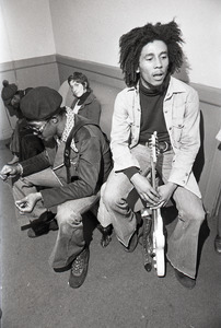 Bob Marley and the Wailers at Paul's Mall: Marley backstage with Joe Higgs, Peter Tosh in the background