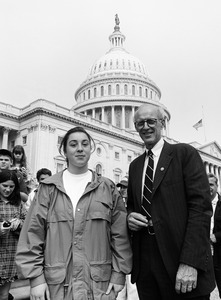 Congressman John W. Olver with visitor, posed on the steps of the United States Capitol building