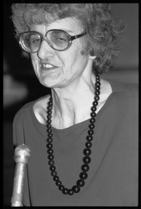 Catherine R. Stimpson, speaking in Memorial Hall at the 10th anniversary celebrations of Women's Studies at UMass Amherst