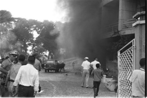 The Brink Hotel goes up in flames after Vietcong terrorist attempt.