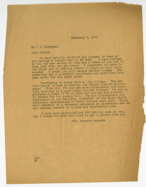 Letter from Laurence L. Doggett to William A. Wilkinson (February 7, 1917)