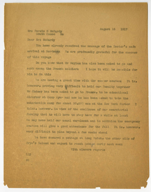 Letter from Laurence L. Doggett to Persis B. McCurdy (August 15, 1917)