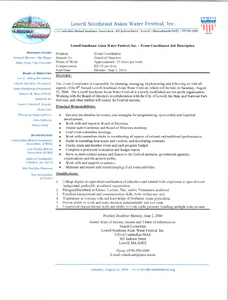 Lowell Southeast Asian Water Festival, Inc. event coordinator job description, 2004
